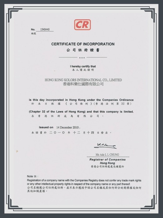 HK KOLORS Certificate Of Incorporation